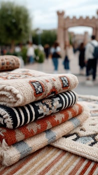 A pile of blankets on a table in front of a building photo