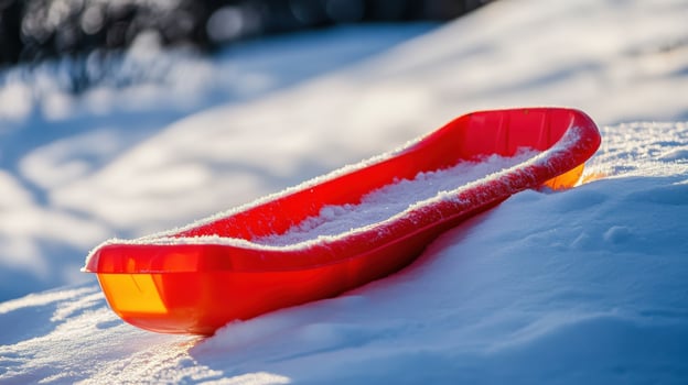 Snowy red plastic sled rests on winter landscape. photo