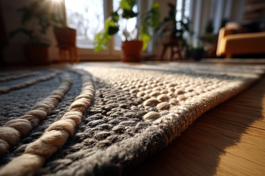Handwoven wool rug with textured pattern in room photo