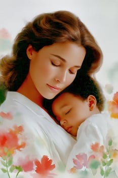 Mother Lovingly Holding Her Child in a Peaceful Moment Surrounded by Colorful Flowers photo