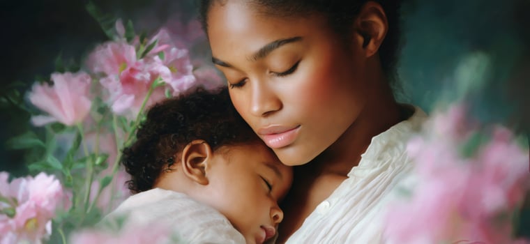 Tender Moment of Mother Holding Sleeping Baby Among Blooming Flowers in Soft Light photo