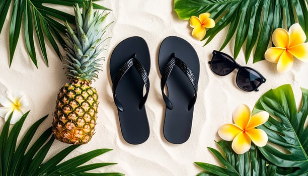 summer background with white sand, tropical leaves and flowers, flip flops, super photo realistic photo flat lay