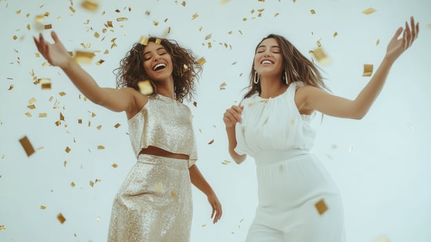 Jubilant women celebrating, dancing amid golden confetti, sharing infectious energy and festive happiness photo