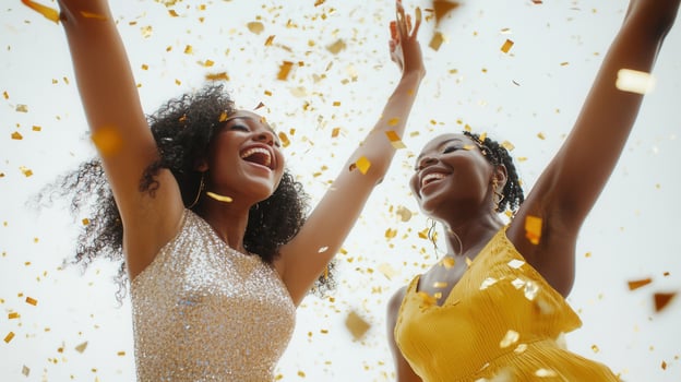 Two cheerful women with under falling golden confetti, celebrating a special occasion dancing joy and excitement photo
