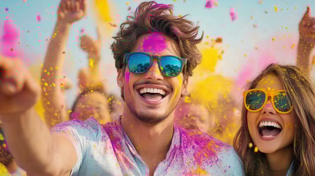 Happy tourists celebrating the holi festival, joyfully throwing vibrant colored powder into the creating and a lively atmosphere of fun air, excitement photo