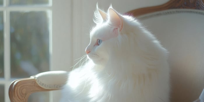 Elegant white cat relaxing on vintage chair by sunny window photo
