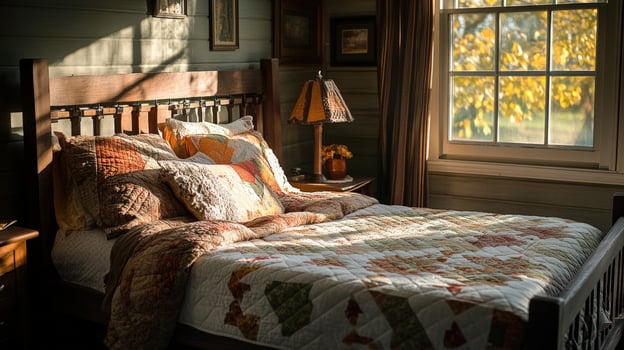Rustic bedroom interior, bathed in autumn sunlight. photo