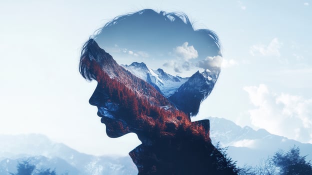 Double exposure image of man containing silhouette profile mountain landscape with trees, snow and clouds photo