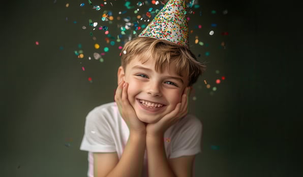 Cheerful child party 10 years celebrating in golden birthday hat, beaming amid colorful confetti and soft festive lighting, marking milestone celebration boy photo