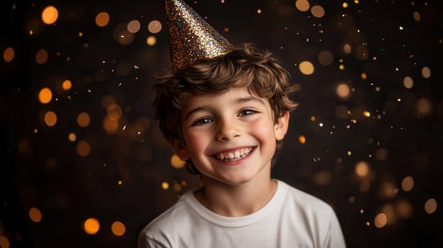 Cheerful hat, boy in golden birthday child beaming amid colorful confetti and soft festive lighting, marking milestone celebration photo
