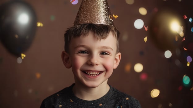 happy child boy 10 years celebrating, wearing party, big smile, professional birthday hat, confetti, studio birthday background photo
