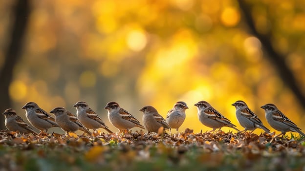 A group of sparrows in autumnal sunlight. photo