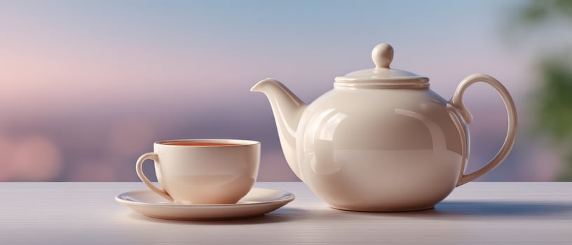 Elegant teapot and cup setup modern kitchen still life pristine surface closeup view chic design photo
