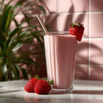Refreshing protein shake with fresh strawberries in a bright setting photo