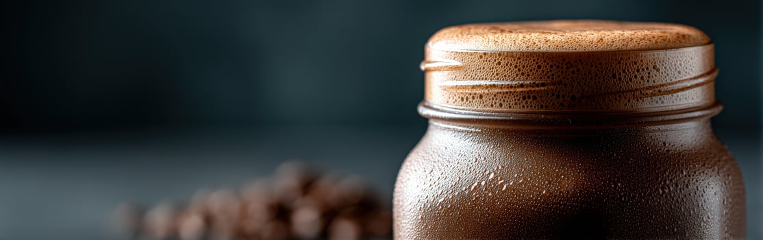 Protein shake in a glass jar with condensation and coffee beans nearby photo