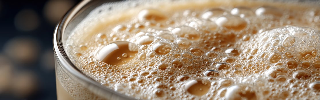 Protein shake preparation with bubbles and texture seen close up photo