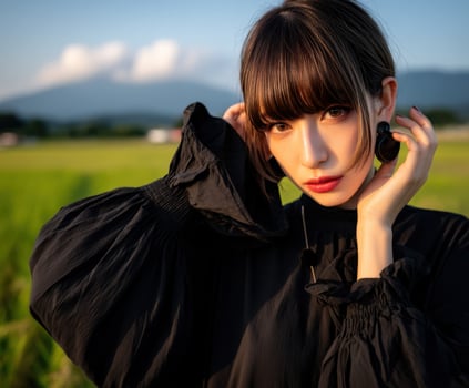 Portrait of a woman in black attire against a scenic backdrop photo
