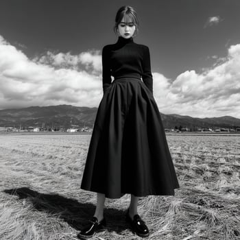 Fashionable model poses in black attire on mountain landscape photo
