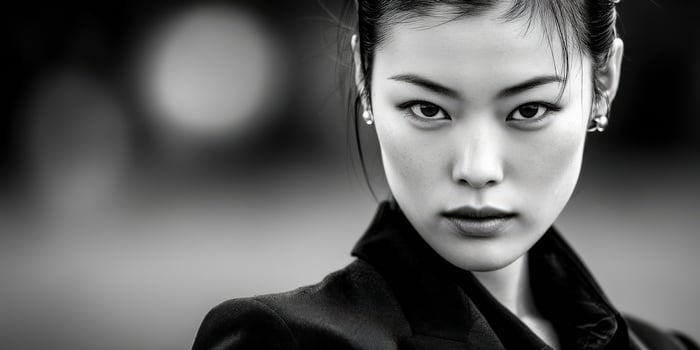 Contrasting elegance shines through intense gaze of woman in black attire photo