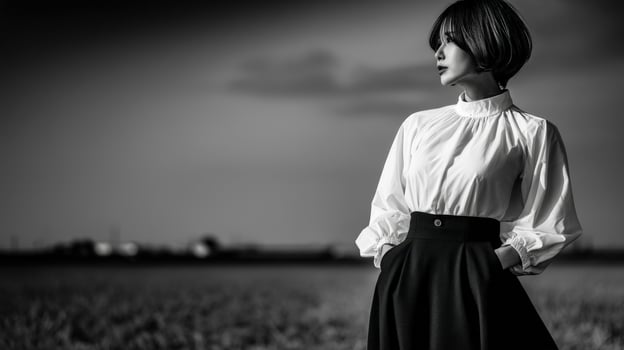 Woman in stylish outfit standing confidently in a rural field photo