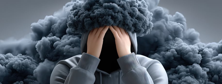 A person with a hoodie covering their face with clouds photo
