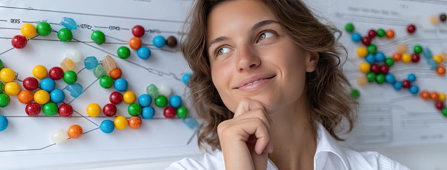 A woman is looking up at a wall with colorful candy photo