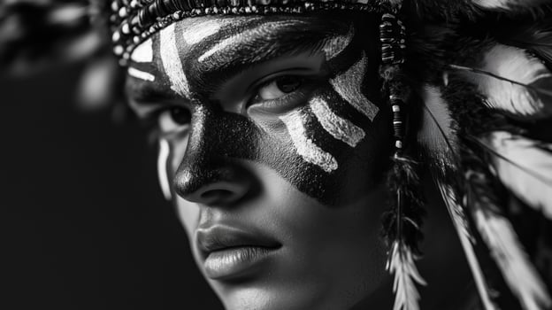 A black and white photo of a woman with a headdress