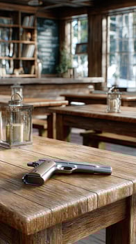 A gun on a table in a restaurant photo