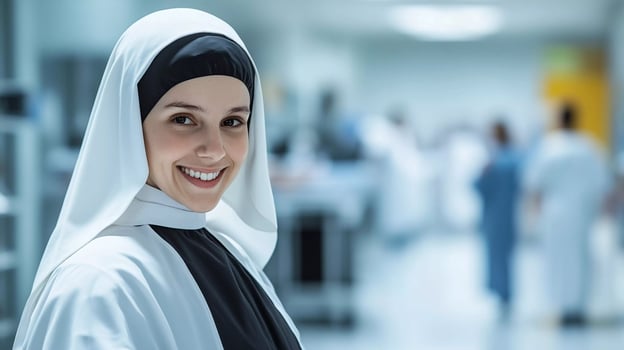 Nurse in a hospital smiling warmly while providing care to patients and interacting with medical staff photo