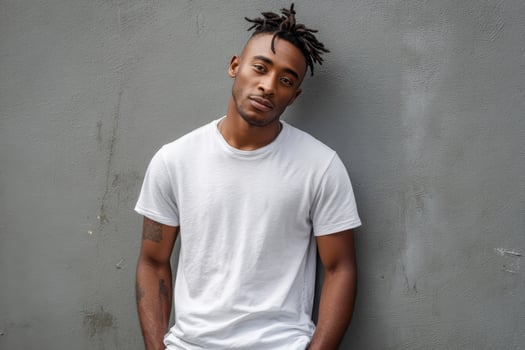 Portrait of youthful confidence in casual white tee against minimal urban backdrop capturing contemporary streetwear vibes photo