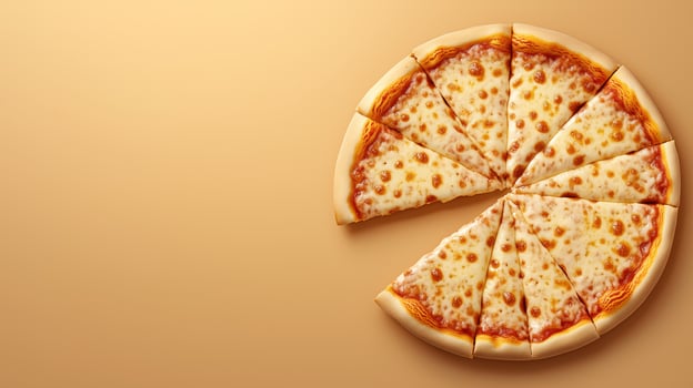 Pizza with melted cheese on orange background presents tempting culinary delight, copy space photo