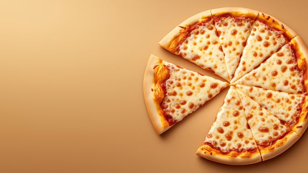 Sliced pizza with melted cheese on orange background, copy space photo