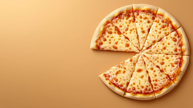 Sliced tasty pizza with melted cheese on orange background, copy space photo