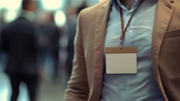Professional networking event showcasing attendees in formal attire with identification badges at a corporate venue photo