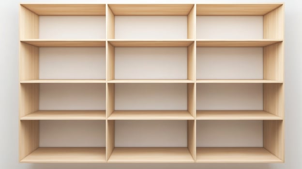 Modern wooden shelving unit with twelve compartments for organization and storage in a minimalist setting photo