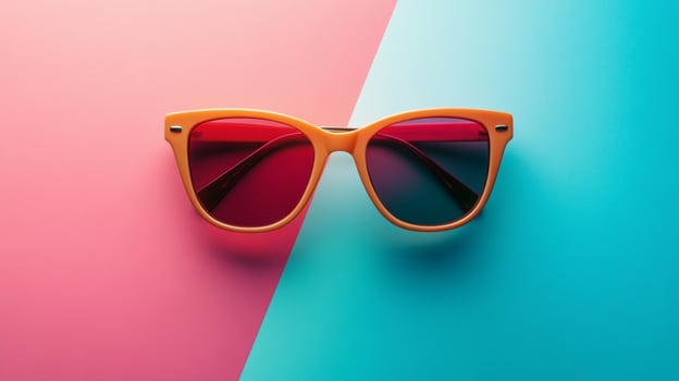 Colorful retro sunglasses positioned on a vibrant pink and blue background showcasing a playful summer vibe photo