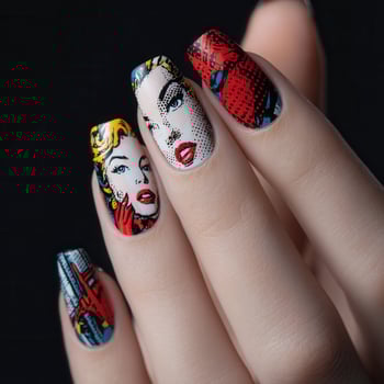 Woman showing pop art style manicure with comic book characters photo