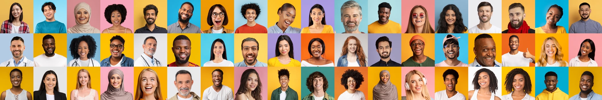 A collection of diverse and happy people smiling, showcasing multiracial backgrounds against bright, colorful backgrounds. photo
