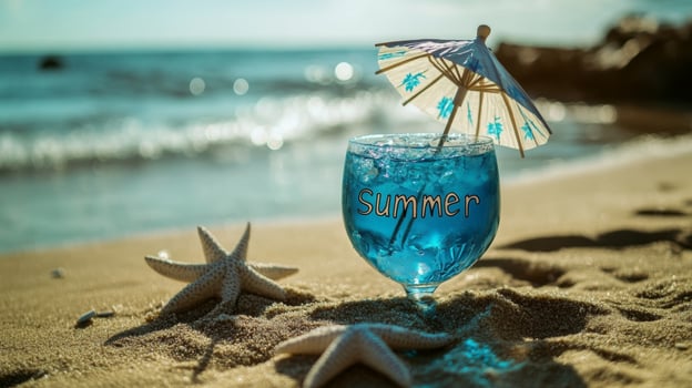 Refreshing summer drink with umbrella near ocean on sandy beach photo