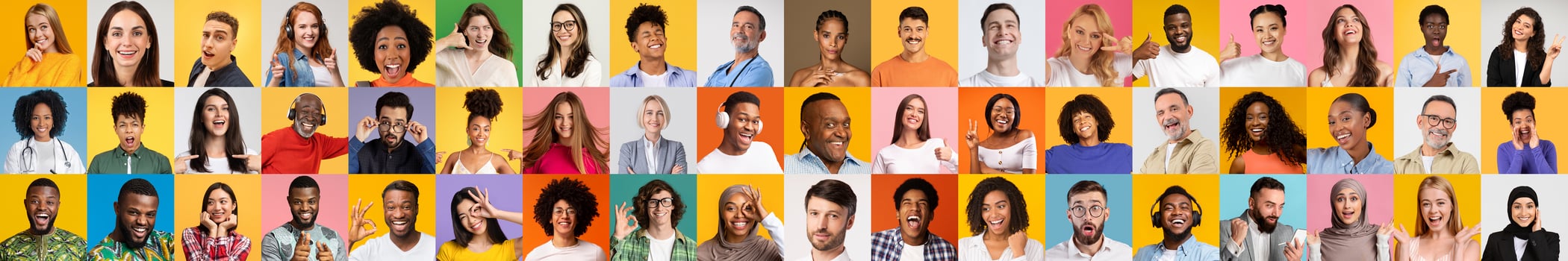 A lively portrait collection showcases diverse individuals smiling and expressing happiness against colorful backgrounds. The collage highlights the beauty of diversity and unity in diversity. photo