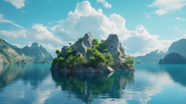 Island surrounded by calm waters with lush greenery under a bright sky photo