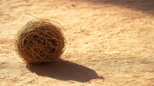 Natural straw ball rests on dry earth in warm sunlight casting a gentle shadow photo