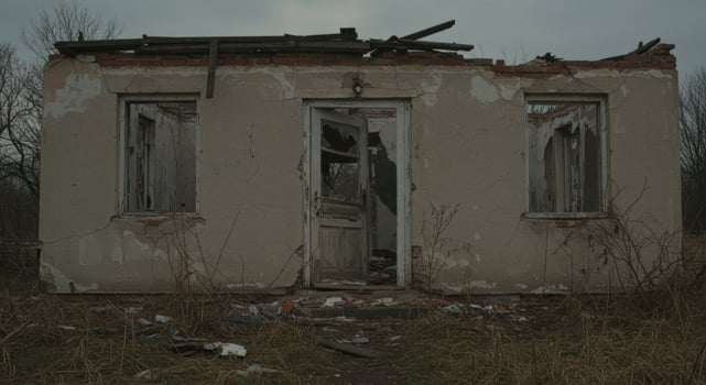 Desolate house embodies decay, featuring broken windows and crumbling walls photo