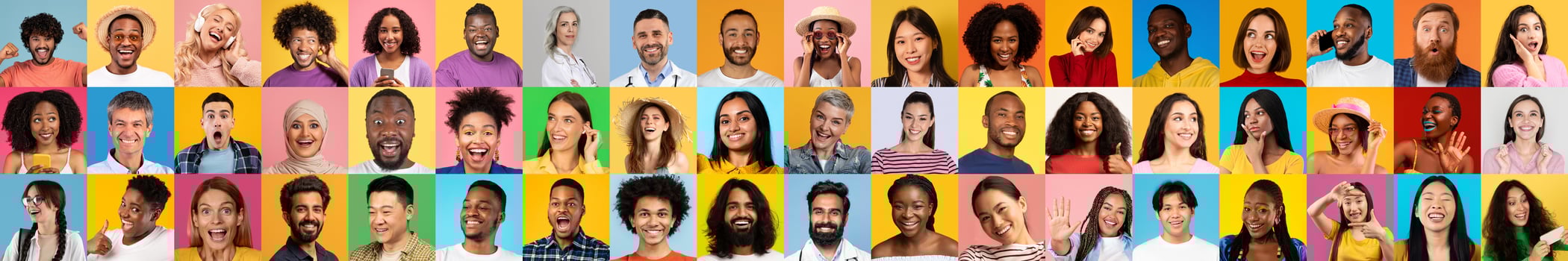 A vibrant collage captures diverse individuals from different backgrounds, each smiling brightly against colorful backgrounds. This collection showcases the beauty of diversity and unity. photo