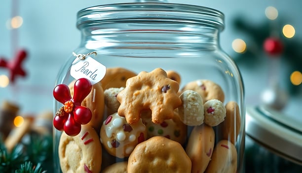 glass jar filled with cookies on top of a table photo