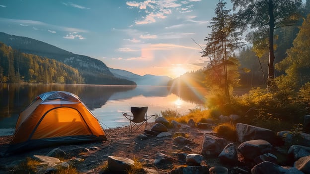 A peaceful campsite by a serene lake at dawn, illuminated by the golden sunrise in nature. photo