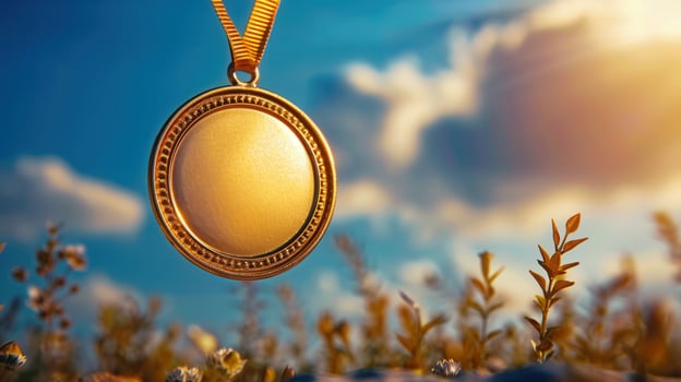 A shimmering gold medal suspended in mid-air against a beautiful, bright blue sky background. photo