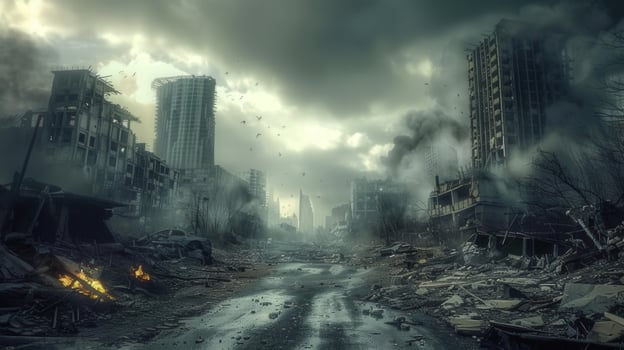 A desolate urban landscape shows the remains of a city devastated by war or a major cataclysmic event. photo