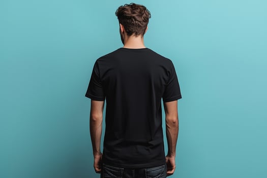 Man in black t - shirt mockup on blue background photo