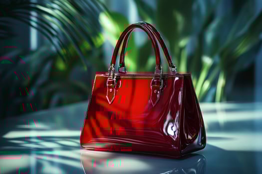 Elegant red patent leather handbag resting on glass table photo